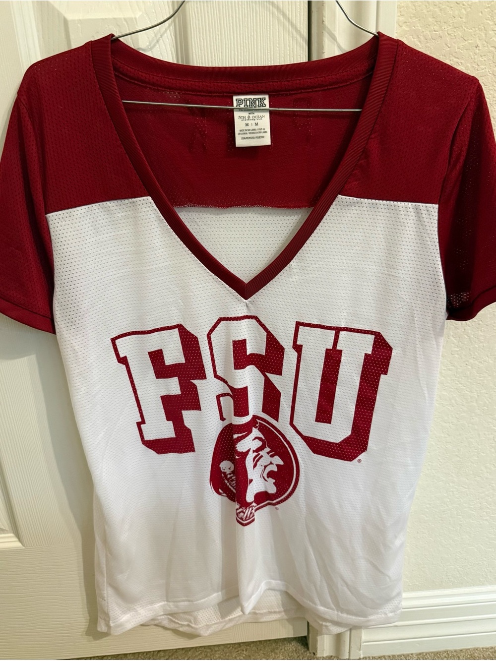 PINK Victoria's Secret Maroon and White FSU V-Neck Jersey Top